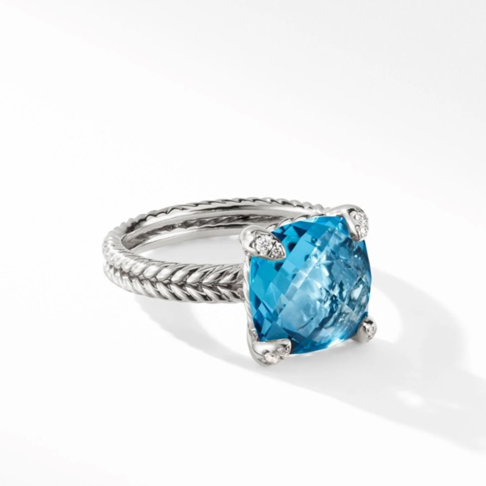 David Yurman Chatelaine Ring in Sterling Silver with Blue Topaz & Pavé Diamonds